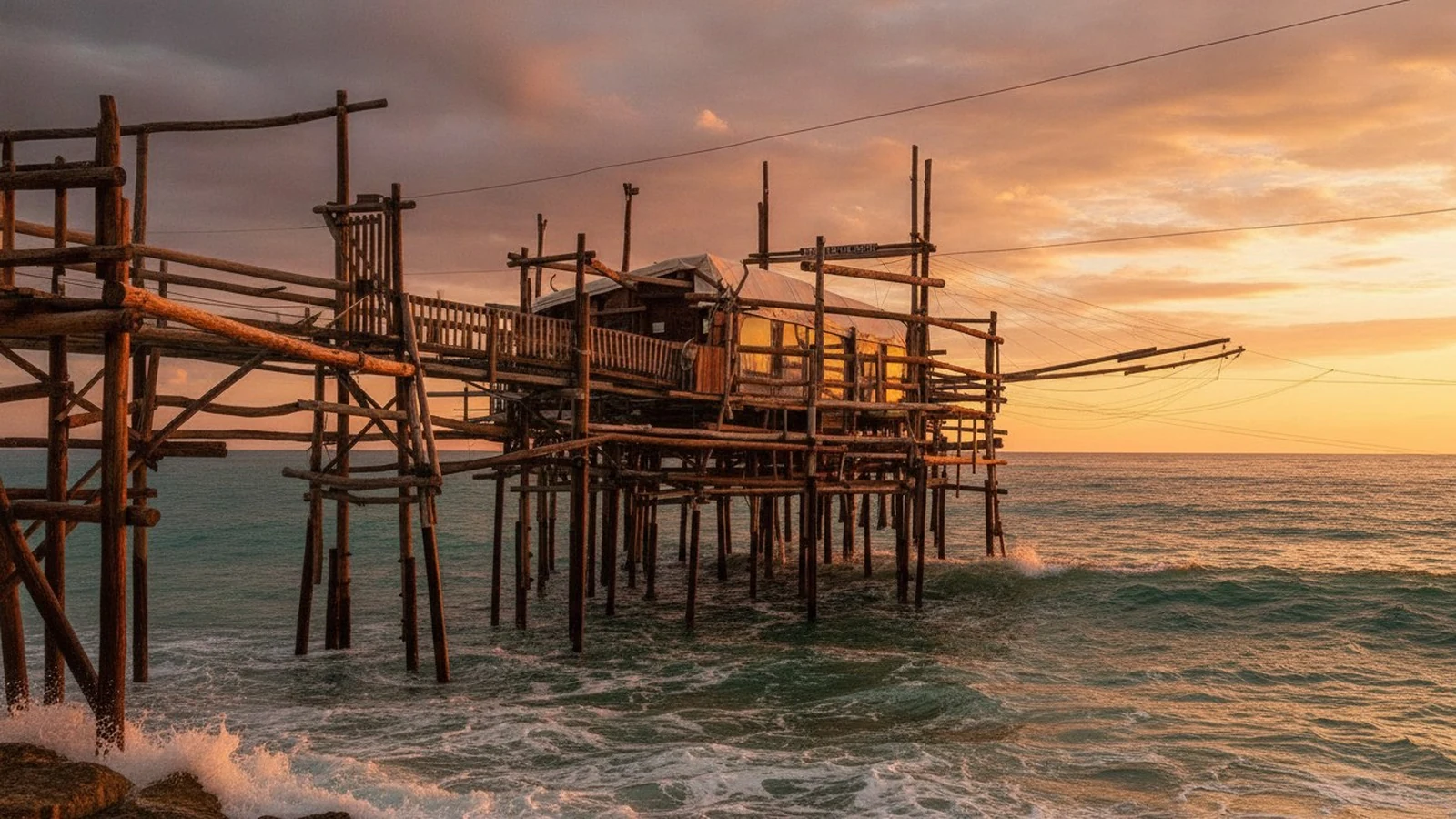 Un trabocco in legno sulle palafitte, con le antenne protese sul mare della Costa dei Trabocchi