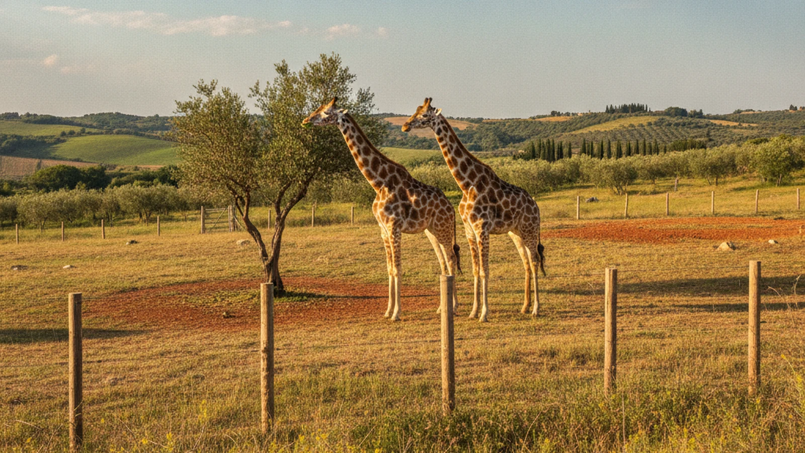 Due giraffe in un recinto soleggiato, tra un ulivo e le colline